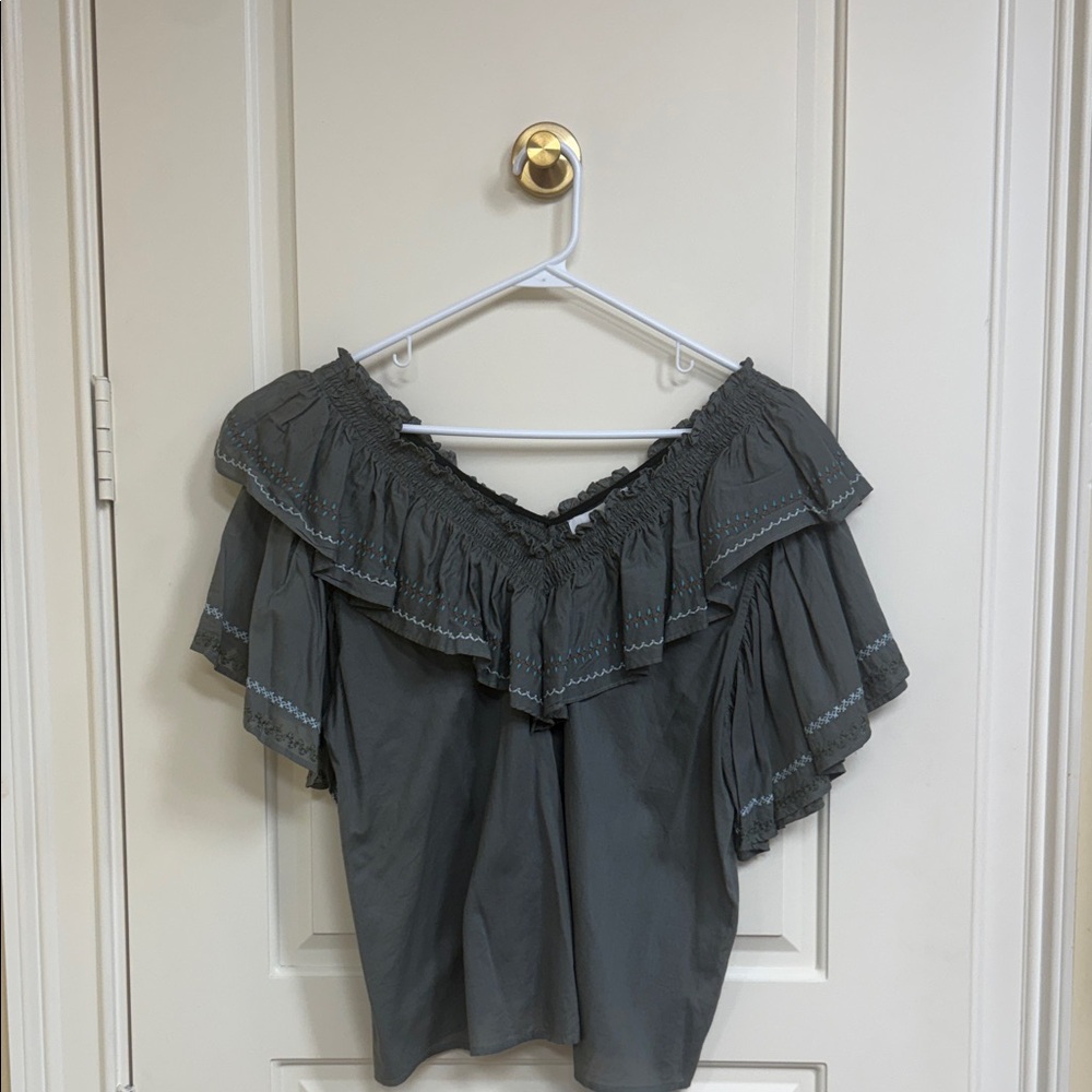 Something Navy olive Green  Ruffle Blouse